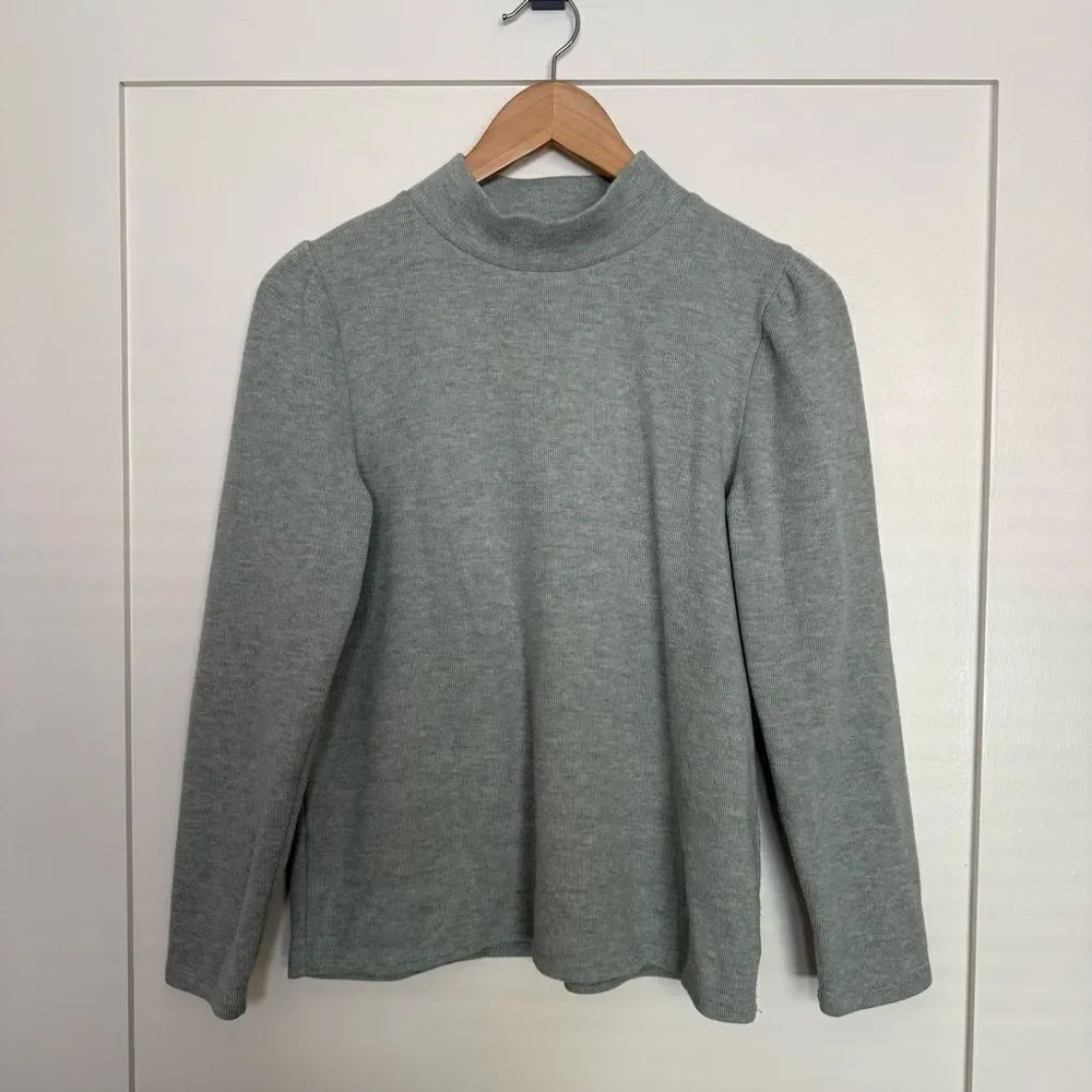Madewell Sweater Womens Sz M Blue Knit Long Ribbed Puff Sleeve Mock Neck